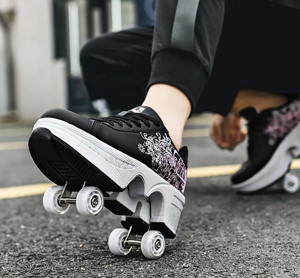 Roller Skate Shoes for Women, Double-Row Deform Quad Roller Skates, Automatic Walking Shoes Detachable Roller Skate, Shoes with Wheels for Girls Boys, Skating Shoes Unisex