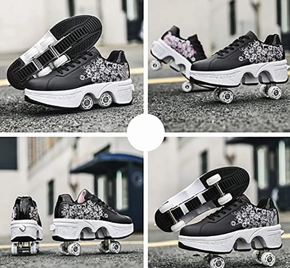 Roller Skate Shoes for Women, Double-Row Deform Quad Roller Skates, Automatic Walking Shoes Detachable Roller Skate, Shoes with Wheels for Girls Boys, Skating Shoes Unisex