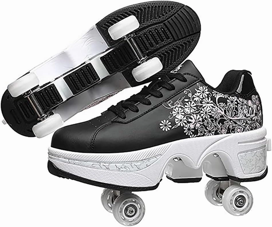 Roller Skate Shoes for Women, Double-Row Deform Quad Roller Skates, Automatic Walking Shoes Detachable Roller Skate, Shoes with Wheels for Girls Boys, Skating Shoes Unisex