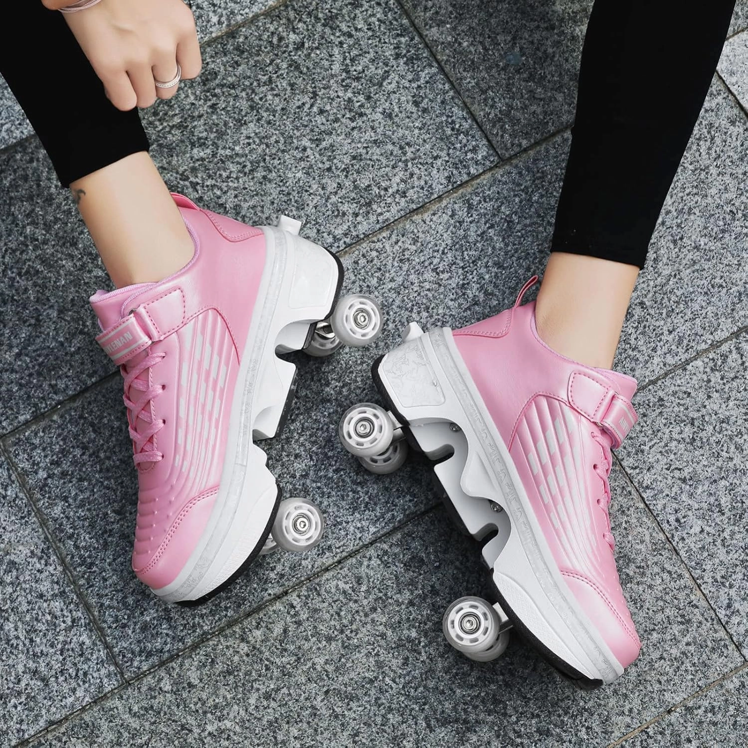 Roller Skates Shoes for Boys Girls, Multifunctional Roller Skates Deformation Automatic Walking Shoes with Double-Row Deform Wheel Adult Children's Skating Shoes,Pink-6.5BigKid