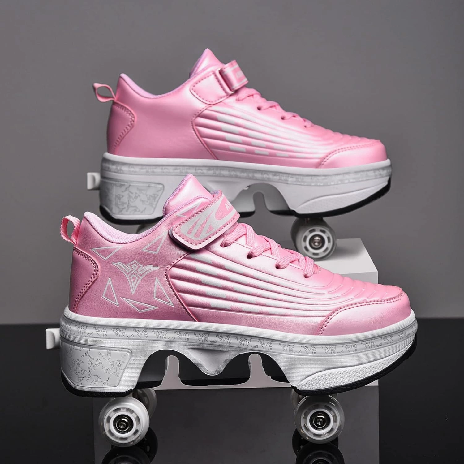 Roller Skates Shoes for Boys Girls, Multifunctional Roller Skates Deformation Automatic Walking Shoes with Double-Row Deform Wheel Adult Children's Skating Shoes,Pink-6.5BigKid
