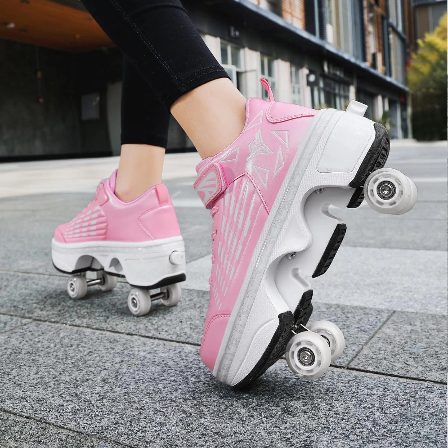 Roller Skates Shoes for Boys Girls, Multifunctional Roller Skates Deformation Automatic Walking Shoes with Double-Row Deform Wheel Adult Children's Skating Shoes,Pink-6.5BigKid