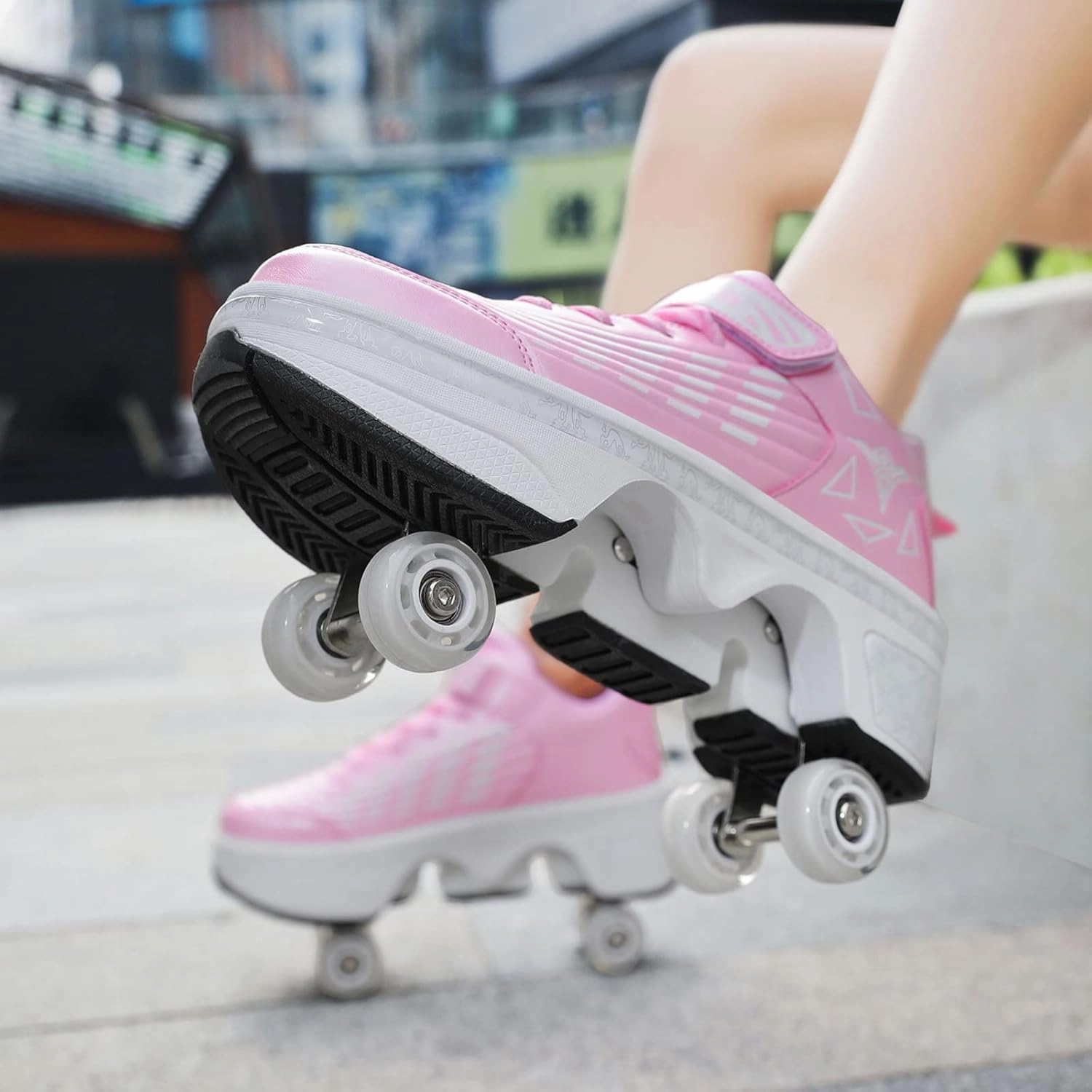 Roller Skates Shoes for Boys Girls, Multifunctional Roller Skates Deformation Automatic Walking Shoes with Double-Row Deform Wheel Adult Children's Skating Shoes,Pink-6.5BigKid