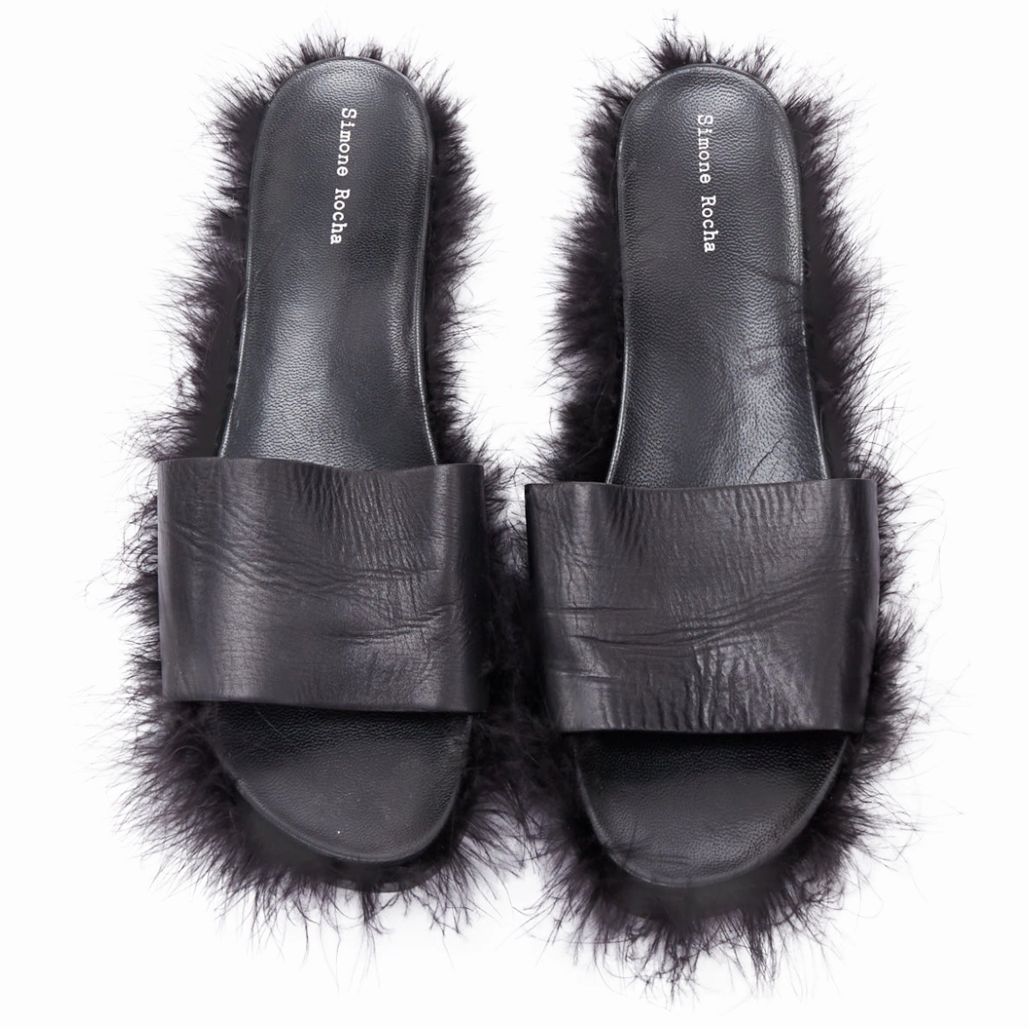 Simone Rocha Feather Trimmed Leather Flat Slides Mules