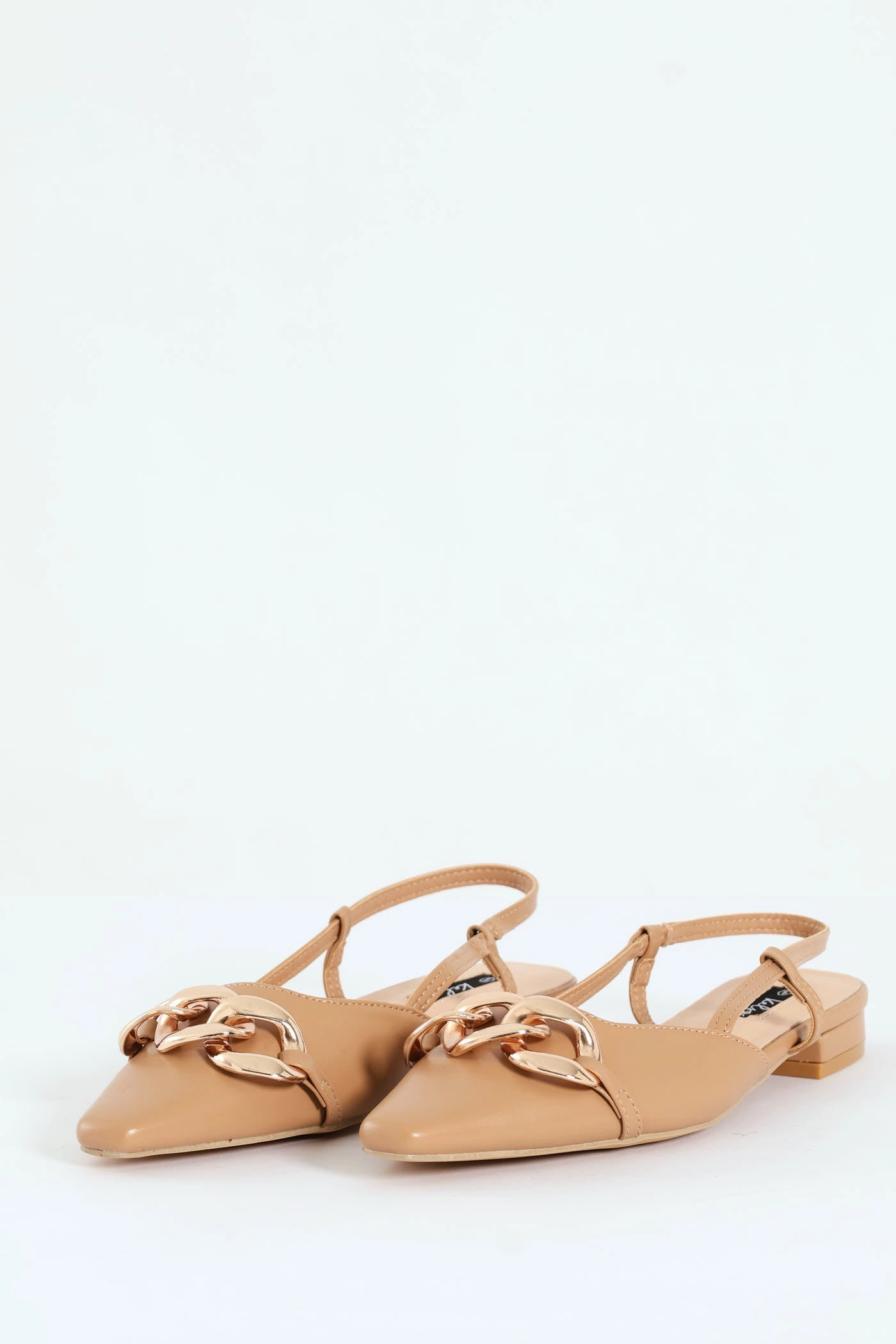 Square Toe Slingback Low Block With Chain Trim - Taupe