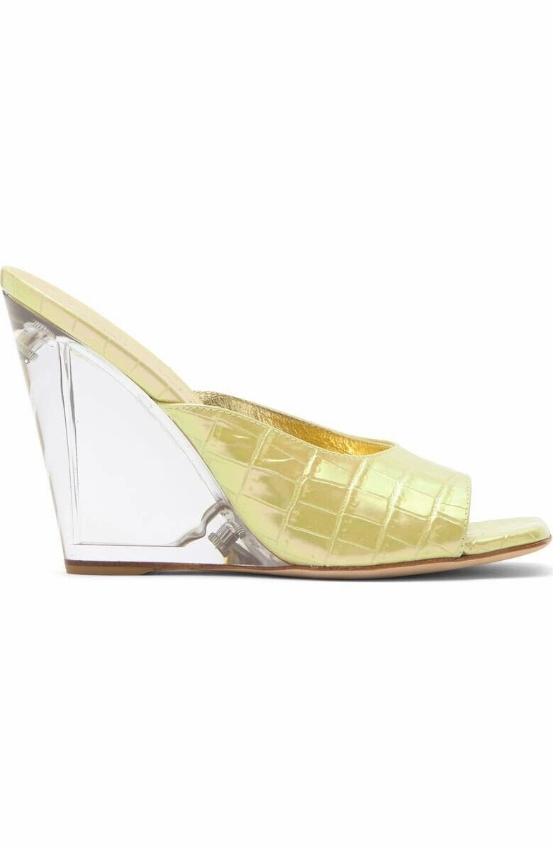 Stuart Weitzman Tia 100 Lucite Sandal Women's 5.5 Gold Slip-On Wedge Heel KHD849
