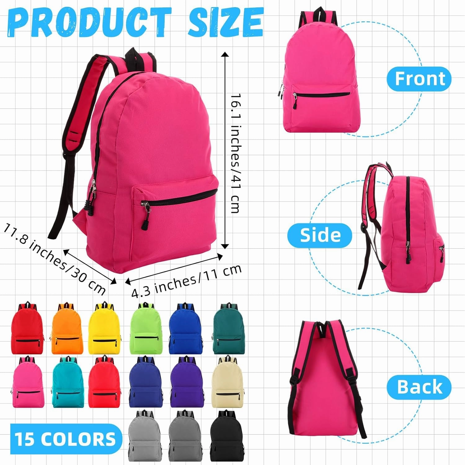 Sweetude 30 Pcs Backpack in Bulk 16" School Bookbags for Kids Lightweight Student Backpack Basic Casual Backpacks School Supply Kits for Girls Boys, 15 Colors