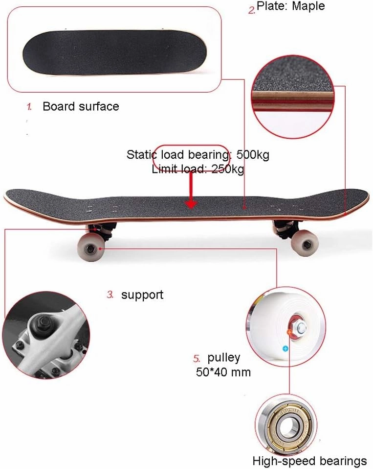 TXTC Standard Skateboards for Kids Boys Girls Youths Beginners Starter-Complete Longboard 7 Layer Maple Pro Cruiser,Black Skateboard (Color : F)