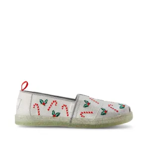 Youth Alpargata Silver Shimmer Embroidered Candy Canes Kids Shoe