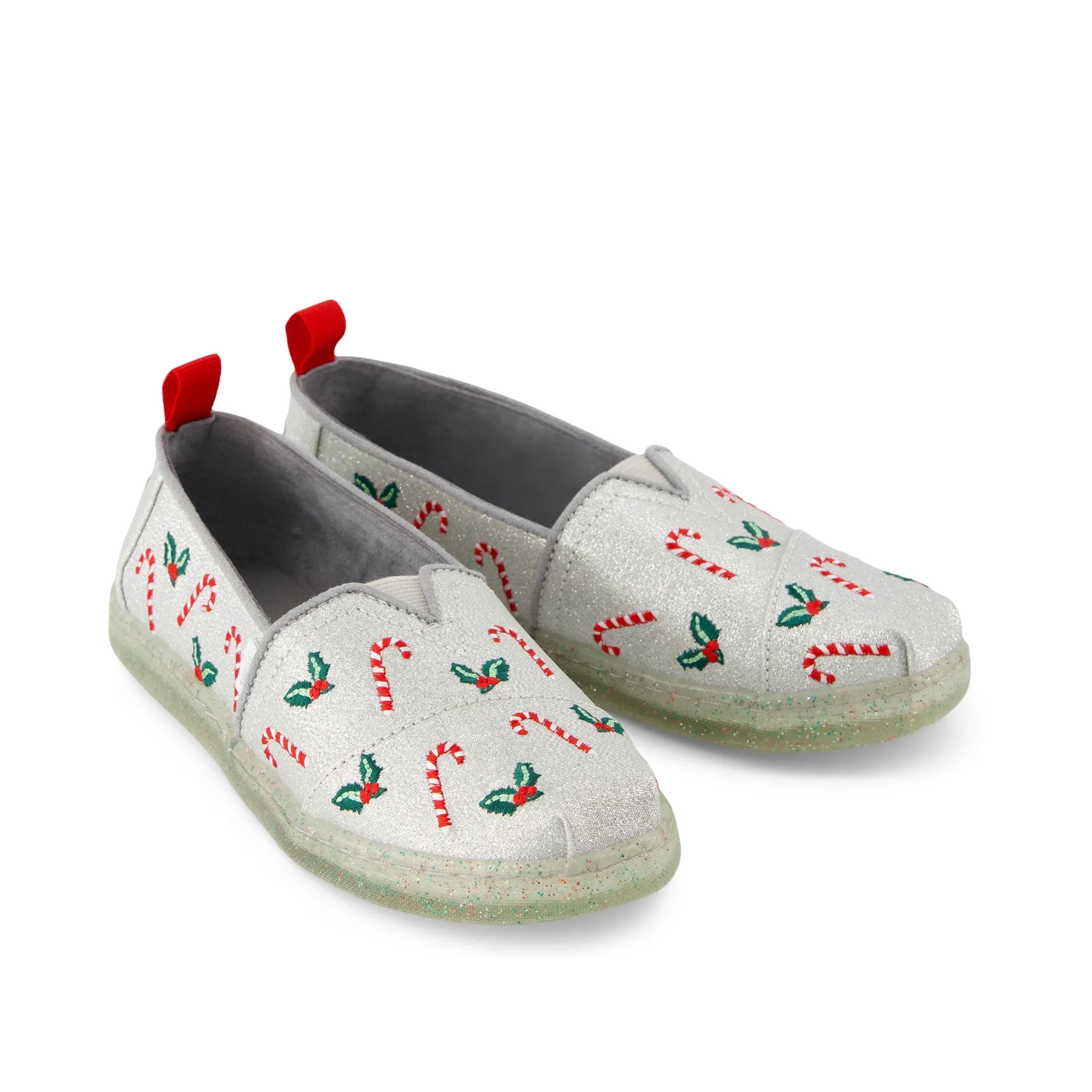 Youth Alpargata Silver Shimmer Embroidered Candy Canes Kids Shoe
