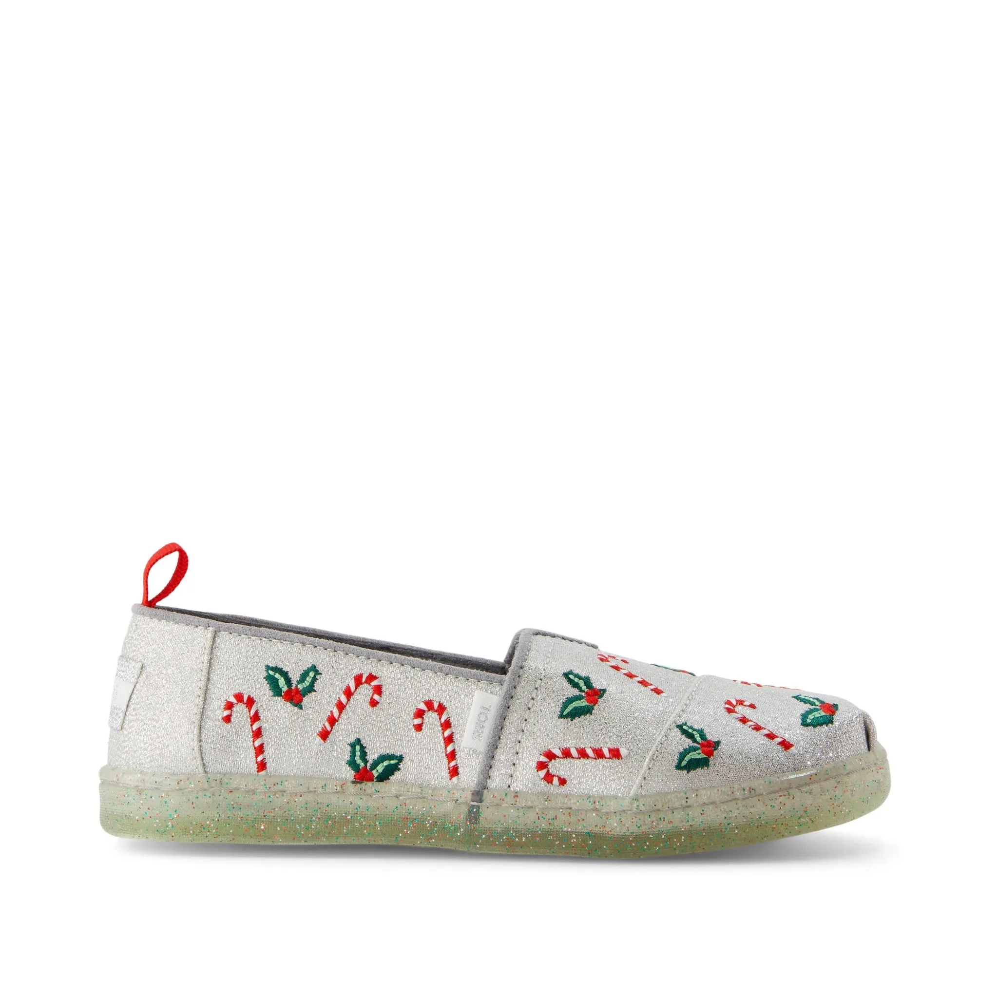 Youth Alpargata Silver Shimmer Embroidered Candy Canes Kids Shoe